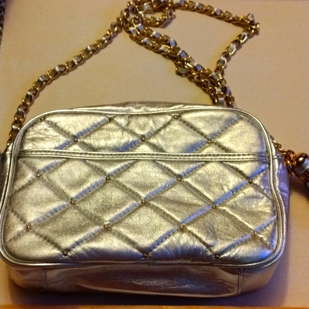 Paradox Leather Silver And Gold Quilted Chain Bag w Tassel